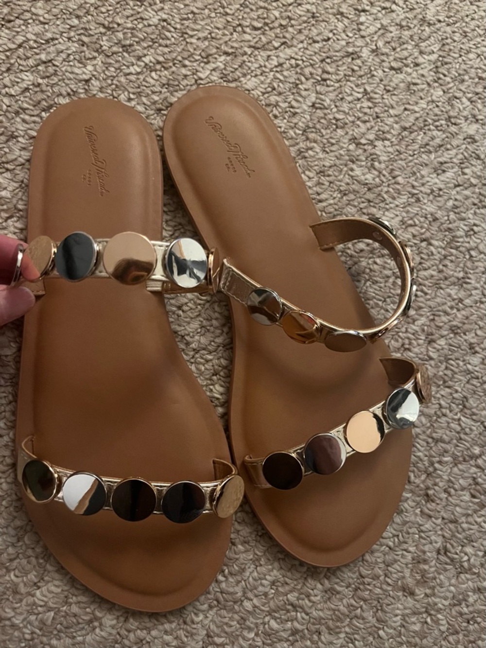 Universal Thread Tan Slide Sandals with Gold Disc Accents